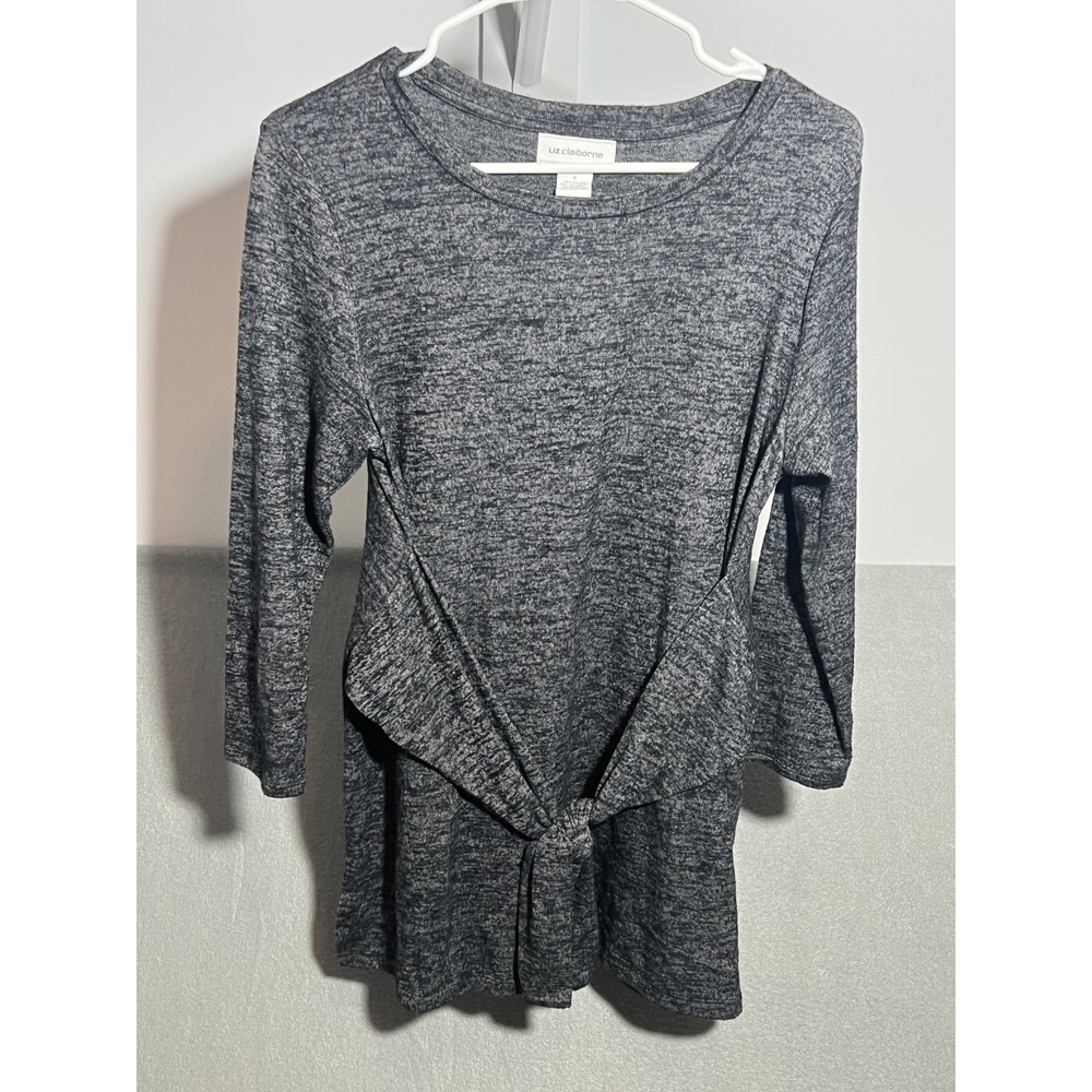 Liz Claiborne Women's Gray Heather Tie Front Tunic Top Size S Small Stretch Knit